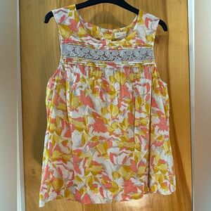 Lightweight Sleeveless Cotton Blouse with Pintucking and Lace Inset